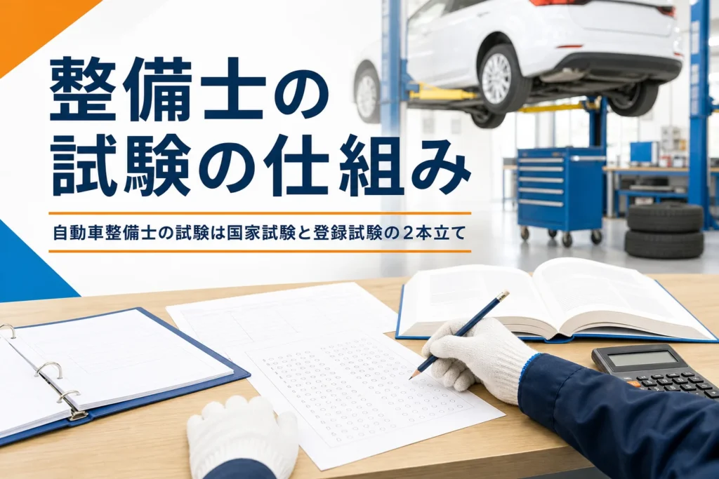 自動車整備士の試験の仕組みを紹介する記事のアイキャッチ。問題用紙と教科書が置かれた整備工場の机
