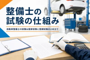 自動車整備士の試験の仕組みを紹介する記事のアイキャッチ。問題用紙と教科書が置かれた整備工場の机