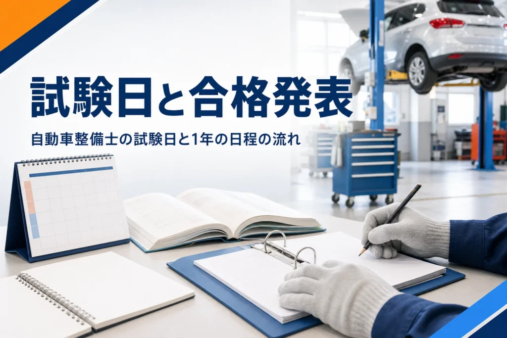 自動車整備士の試験日と合格発表の流れを紹介する記事のアイキャッチ。カレンダーと書類が置かれた整備工場の机