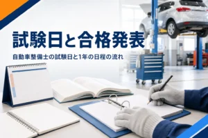 自動車整備士の試験日と合格発表の流れを紹介する記事のアイキャッチ。カレンダーと書類が置かれた整備工場の机