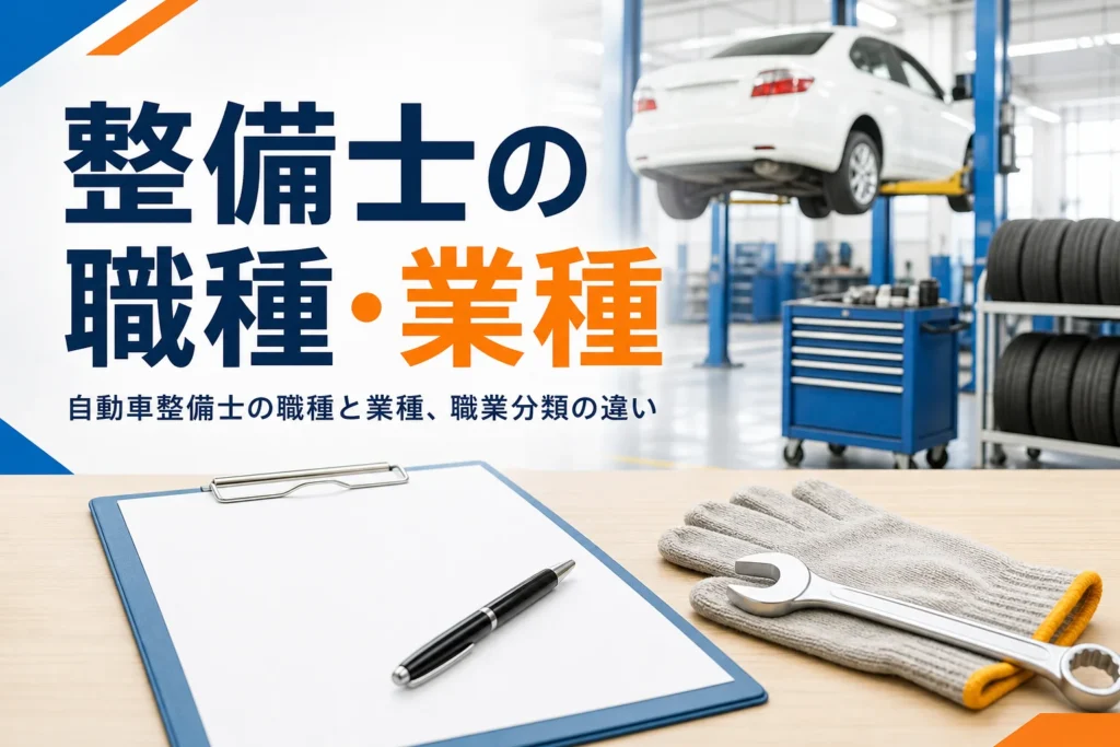 自動車整備士の職種・業種を紹介する記事のアイキャッチ。応募書類と作業手袋が置かれた机