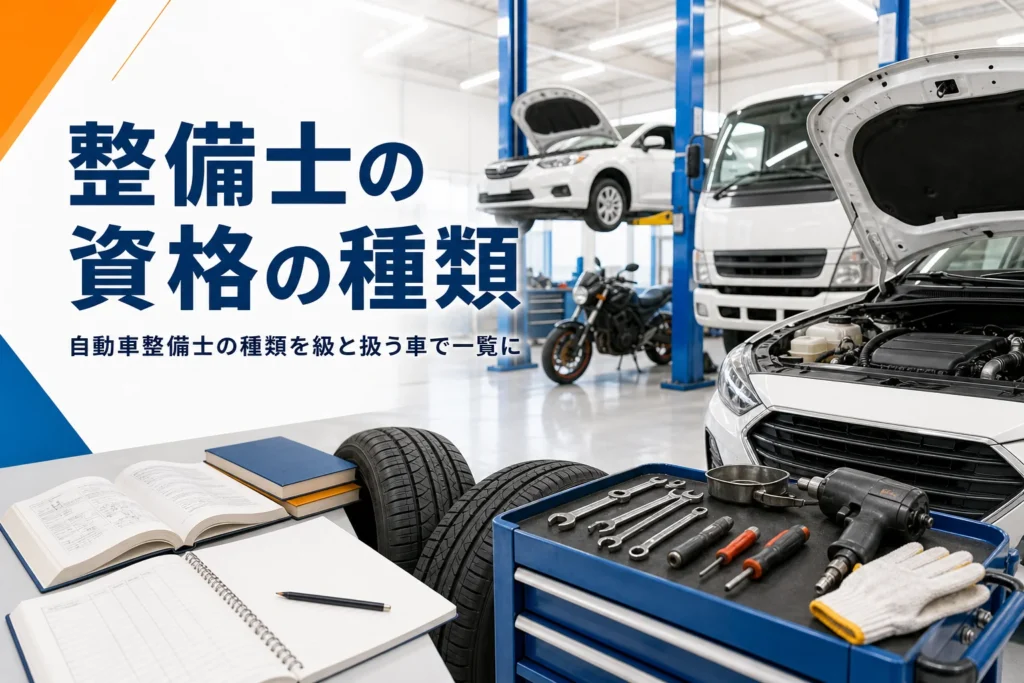 自動車整備士の資格の種類を一覧で紹介する記事のアイキャッチ。整備工場に並ぶ乗用車とトラック