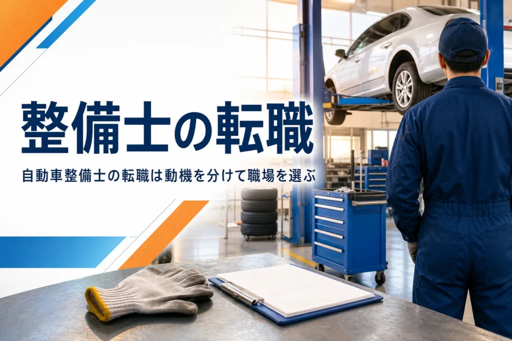 自動車整備士の転職の進め方を紹介する記事のアイキャッチ。夕方の整備工場の作業台