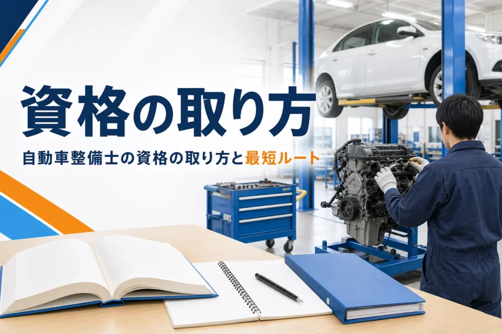 自動車整備士の資格の取り方を紹介する記事のアイキャッチ。実習場のリフトと教科書が置かれた机