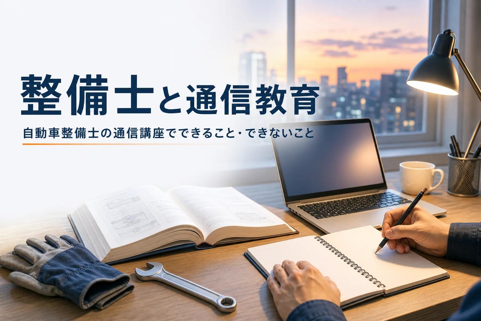 自動車整備士の通信教育でできることとできないことを紹介する記事のアイキャッチ。自宅の机の教科書とノートパソコン