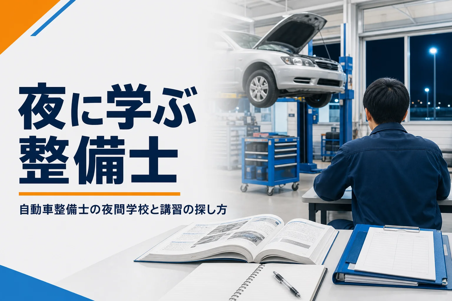 自動車整備士の夜間学校と講習の探し方を紹介する記事のアイキャッチ。夜の実習場と教科書