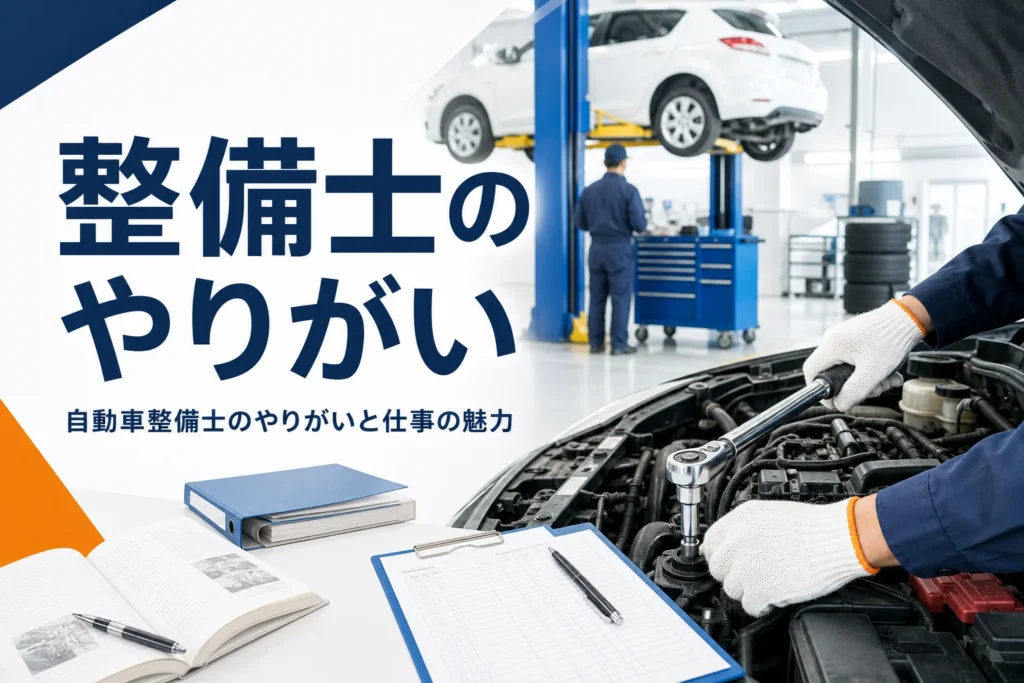 自動車整備士のやりがいと仕事の魅力を紹介する記事のアイキャッチ。エンジンルームで整備をする手元