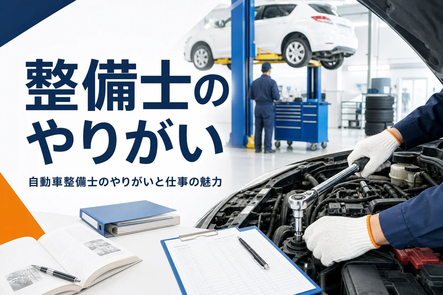 自動車整備士のやりがいと仕事の魅力を紹介する記事のアイキャッチ。エンジンルームで整備をする手元