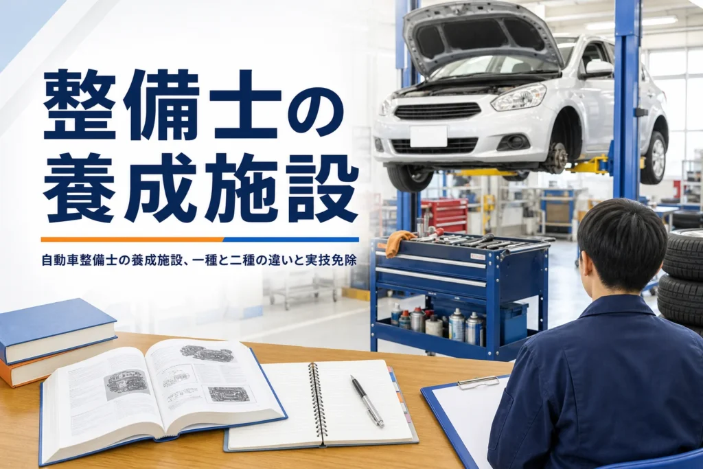 自動車整備士の養成施設の一種と二種の違いと実技免除を紹介する記事のアイキャッチ。実習場の車と教科書