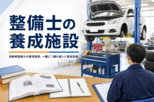 自動車整備士の養成施設の一種と二種の違いと実技免除を紹介する記事のアイキャッチ。実習場の車と教科書